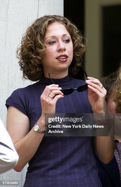 Chelsea Clinton looks on as her Senate-candidate mother, Hillary Rodham Clinton, held a news conference on the steps of City Hall.