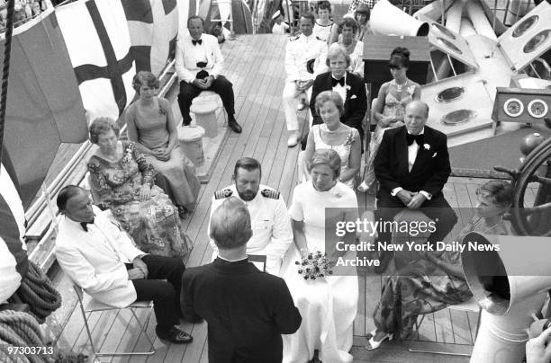 Skipper, Beauty, Voyage on Seas of Matrimony Captain Kjell Thorsen and Margarethe Asslid have knot tied aboard the Christian Radich, berthed at South...