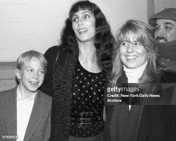 Cher, backstage with her daughter, Chastity and son, Elijah Blue after meeting "Phantom" cast.