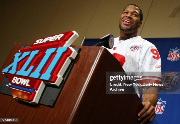 New York Giants' Michael Strahan speaks during a media availability session at the team's hotel in Chandler, Ariz. The Giants will play the New...