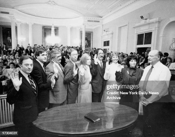 Mayor Ed Koch swearing in judges Frank Brenner, Neil Firetog, Albert Koch, Edward McLaughlin and others.