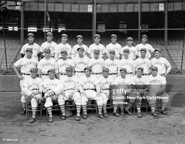 New York Giants- N.L. Champions Bottom row, l. To r., Burgess Whitehead, 2d base; Joe Moore, l. F.; Frank Snyder, coach; Bill Terry, manager; Adolph...