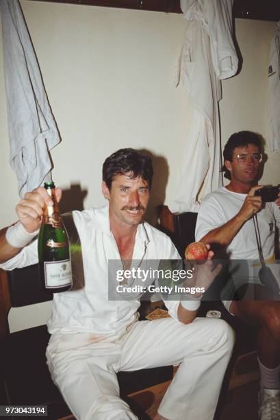 New Zealand player Richard Hadlee pictured with his Test Match World Record taking ball after his 374th wicket of India batsman Arun Lal caught by...