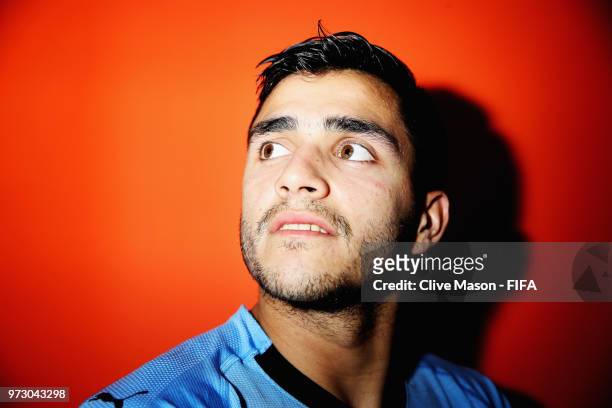 Maximiliano Gomez of Uruguay poses during the official FIFA World Cup 2018 portrait session at the Borsky Sports Centre on June 12, 2018 in Nizhny...