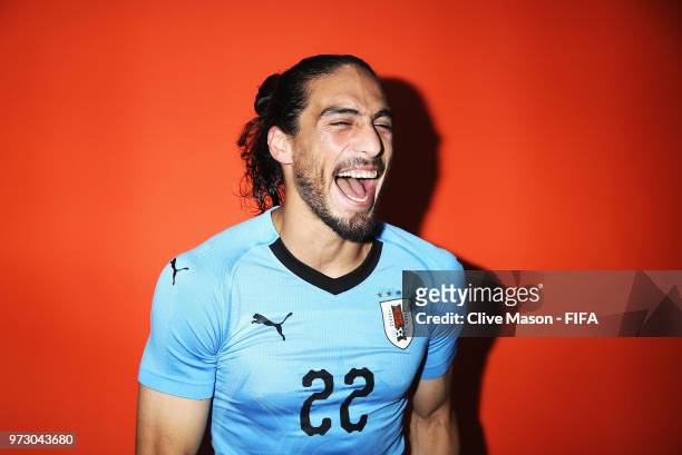 Martin Caceres of Uruguay poses during the official FIFA World Cup 2018 portrait session at the Borsky Sports Centre on June 12, 2018 in Nizhny...