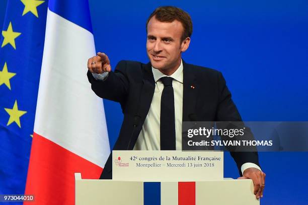 French President Emmanuel Macron gives a speech on social security policies during the '42nd Congres de la mutualite francaise' in the southern city...