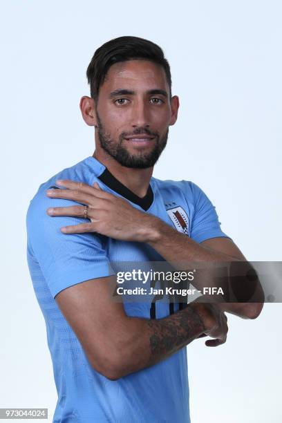 Jonathan Urretaviscaya of Uruguay poses for a portrait during the official FIFA World Cup 2018 portrait session at Borsky Sport Centre on June 12,...