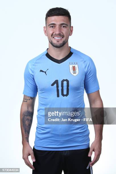 Giorgian De Arrascaeta of Uruguay poses for a portrait during the official FIFA World Cup 2018 portrait session at Borsky Sport Centre on June 12,...