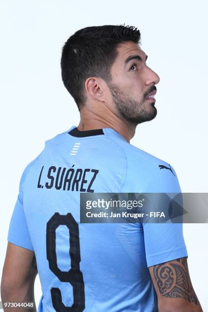 Luis Suarez of Uruguay poses for a portrait during the official FIFA World Cup 2018 portrait session at on June 12, 2018 in Nizhniy Novgorod, Russia.