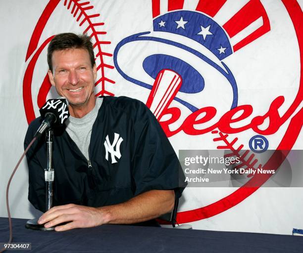New York Yankees' new pitcher Randy Johnson speaks to the media at the Yanks' spring training camp in Tampa, Fla.
