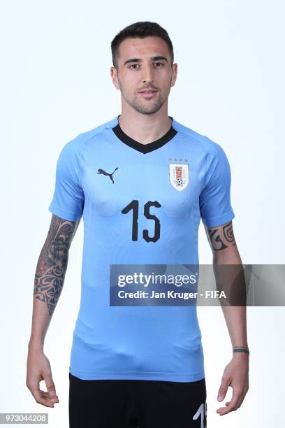 Matias Vecino of Uruguay poses for a portrait during the official FIFA World Cup 2018 portrait session at Borsky Sport Centre on June 12, 2018 in...