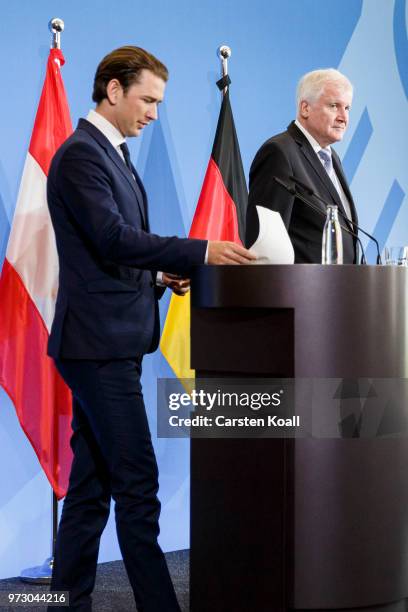 Austrian Chancellor Sebastian Kurz and German Interior Minister Horst Seehofer attend a press conference on June 13, 2018 in Berlin, Germany. Both...