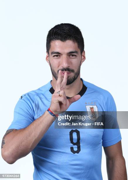 Luis Suarez of Uruguay poses for a portrait during the official FIFA World Cup 2018 portrait session at on June 12, 2018 in Nizhniy Novgorod, Russia.