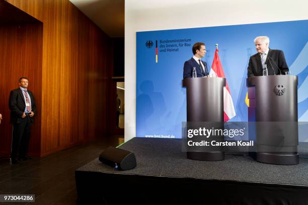 Austrian Chancellor Sebastian Kurz and German Interior Minister Horst Seehofer attend a press conference on June 13, 2018 in Berlin, Germany. Both...