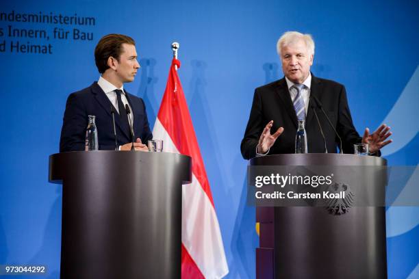 Austrian Chancellor Sebastian Kurz and German Interior Minister Horst Seehofer attend a press conference on June 13, 2018 in Berlin, Germany. Both...