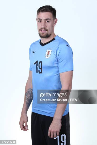 Sebastian Coates of Uruguay poses for a portrait during the official FIFA World Cup 2018 portrait session at Borsky Sport Centre on June 12, 2018 in...