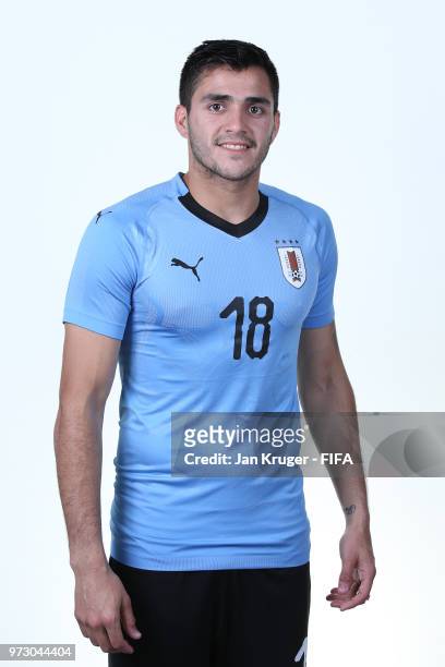 Maximiliano Gomez of Uruguay poses for a portrait during the official FIFA World Cup 2018 portrait session at Borsky Sport Centre on June 12, 2018 in...