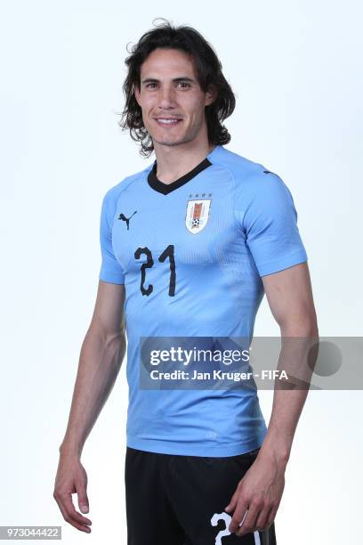 Edinson Cavani of Uruguay poses for a portrait during the official FIFA World Cup 2018 portrait session at Borsky Sport Centre on June 12, 2018 in...