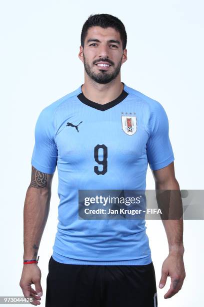 Luis Suarez of Uruguay poses for a portrait during the official FIFA World Cup 2018 portrait session at on June 12, 2018 in Nizhniy Novgorod, Russia.