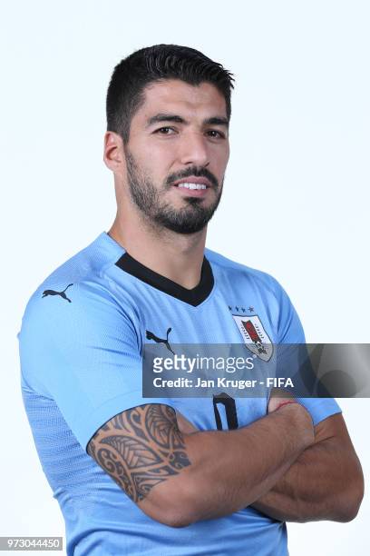 Luis Suarez of Uruguay poses for a portrait during the official FIFA World Cup 2018 portrait session at on June 12, 2018 in Nizhniy Novgorod, Russia.