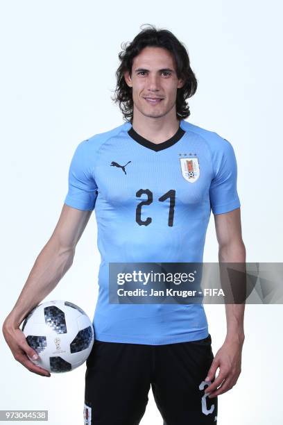 Edinson Cavani of Uruguay poses for a portrait during the official FIFA World Cup 2018 portrait session at Borsky Sport Centre on June 12, 2018 in...