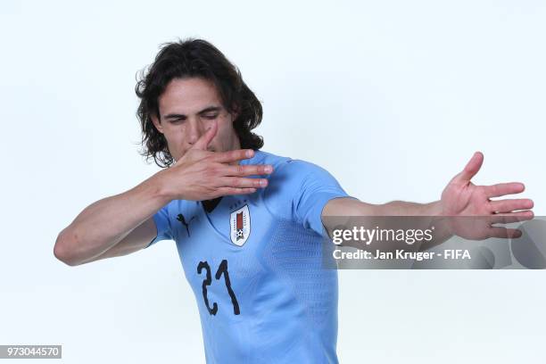 Edinson Cavani of Uruguay poses for a portrait during the official FIFA World Cup 2018 portrait session at Borsky Sport Centre on June 12, 2018 in...