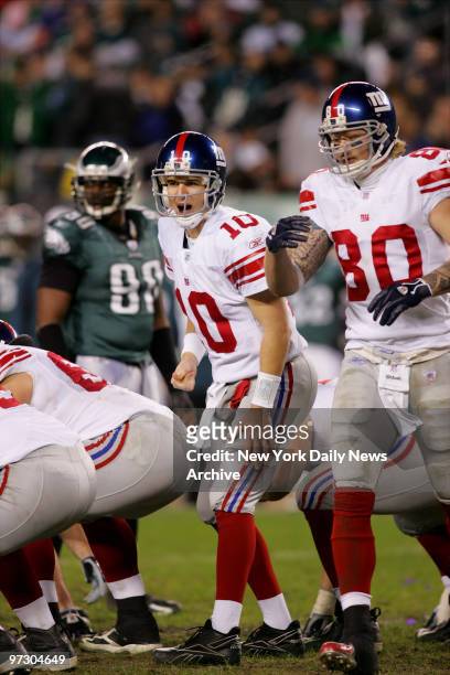 New York Giants' quarterback Eli Manning calls out a play during the first half of the NFC wild-card game against the Philadelphia Eagles at Lincoln...