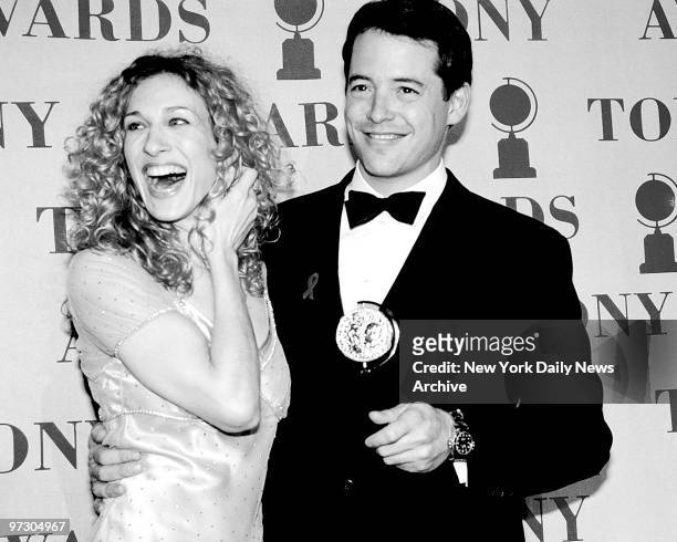 Matthew Broderick wins Tony Awards for leading actor in musical "How To Succeed in Business Without Really Trying" On stag with him is Sarah Jessica...