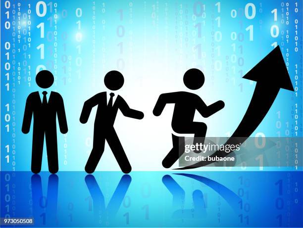 businessmen progress arrow on on binary code blue background - binary code arrow stock illustrations