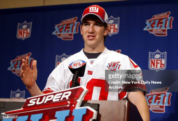 New York Giants' quarterback Eli Manning speaks to media during a news conference at the team's hotel in Chandler, Ariz. The Giants will play the New...