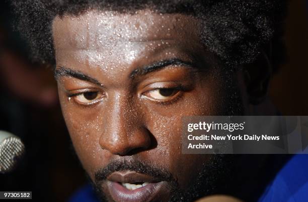 New York Giants' running back Ron Dayne, who starred in last Sunday's game against the New Orleans Saints, talks to the media at a news conference in...