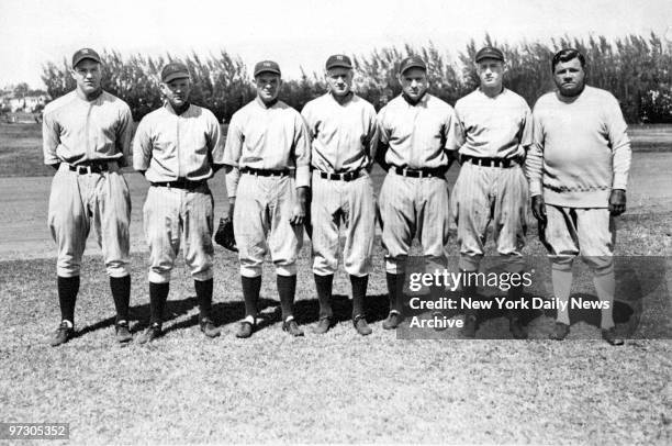 New York Yankees' outfielders Jim Hagan, Sam Byrd, Myril Hoag, Earle Combs, Ben Chapman, Fred Walker and Babe Ruth during spring training in St....