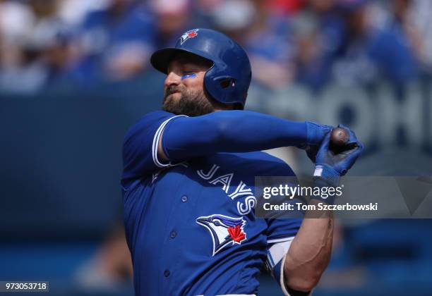 Kevin Pillar of the Toronto Blue Jays bats in the seventh inning during MLB game action against the Baltimore Orioles at Rogers Centre on June 10,...