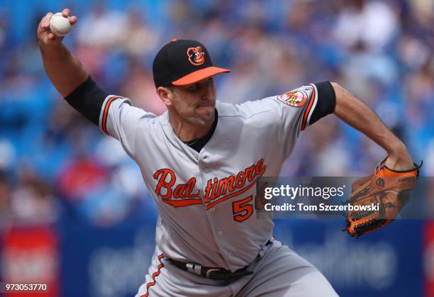 Darren O'Day of the Baltimore Orioles delivers a pitch in the eighth inning during MLB game action against the Toronto Blue Jays at Rogers Centre on...