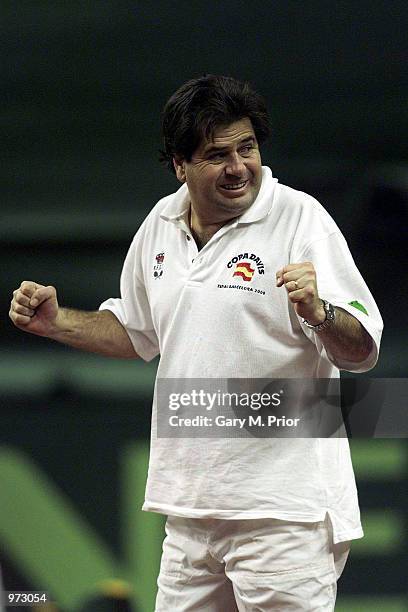 Spanish captain Javier Duarte celebrates during the fourth rubber between Juan Carlos Ferrero of Spain and Lleyton Hewitt of Australia in the final...