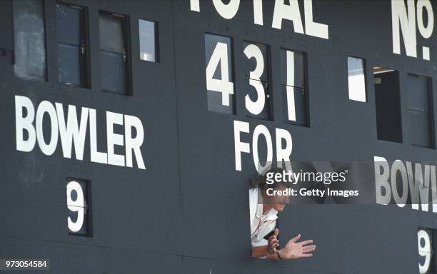 Man of the Series New Zealand legend Richard Hadlee pictured in the scoreboard showing his 431 Test Match Wickets after his last Test Match after the...