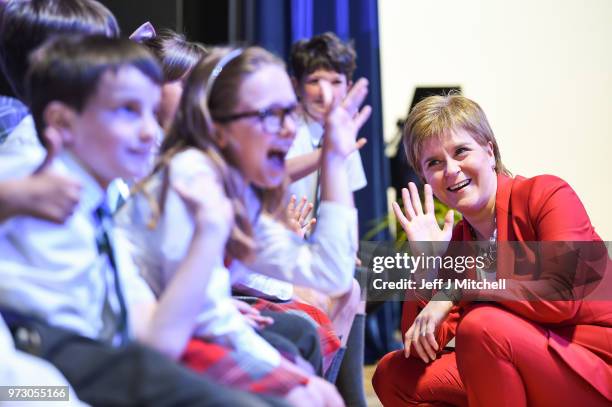 First Minister Nicola Sturgeon waves as she opens the new Largs Campus school building on June 13, 2018 in Largs,Scotland. The new Largs Campus,...