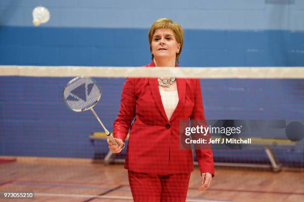 First Minister Nicola Sturgeon plays badminton as she opens the new Largs Campus school building on June 13, 2018 in Largs,Scotland. The new Largs...