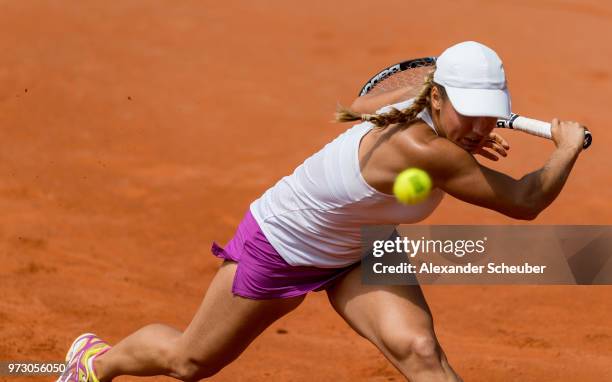 Yulia Putintseva of Kasachstan in action during Day Five of the WTA Nuernberger Versicherungscup on May 23, 2018 in Nuremberg, Germany.