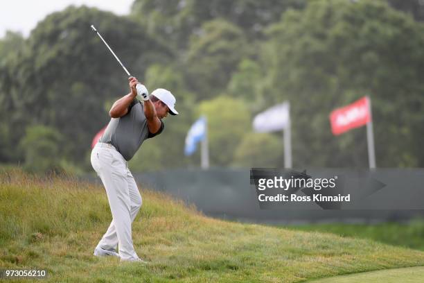 Jhonattan Vegas of Venezuela plays his second shot on the tenth hole during a practice round prior to the 2018 U.S. Open at Shinnecock Hills Golf...