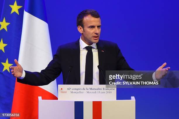 French President Emmanuel Macron gives a speech on social security policies during the '42nd Congres de la mutualite francaise' in the southern city...
