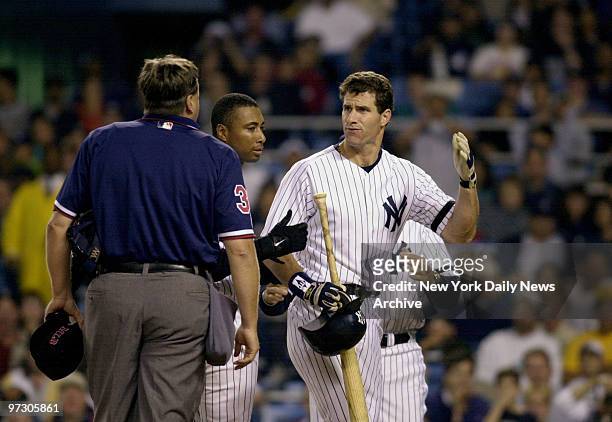 New York Yankees' Paul O'Neill argues a strikeout call with home plate umpire, during game against the Anaheim Angels at Yankee Stadium. The Angels...