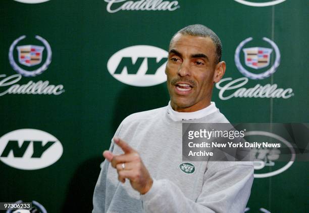 New York Jets' coach Herman Edwards speaks to the media at the Jets' training facility at Hofstra University as his team prepares to take on the...