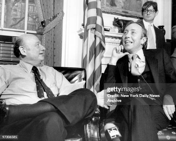 Mayor Ed Koch and Robert Wagner Jr. At City Hall. Wagner announced today that he would be leaving his post as Deputy Mayor.