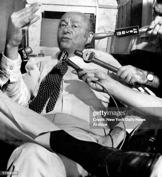 Mayor Ed Koch arrives at City Hall after meeting with members of the coalition of uniformed labor unions caucus at the New York Statler Hotel.