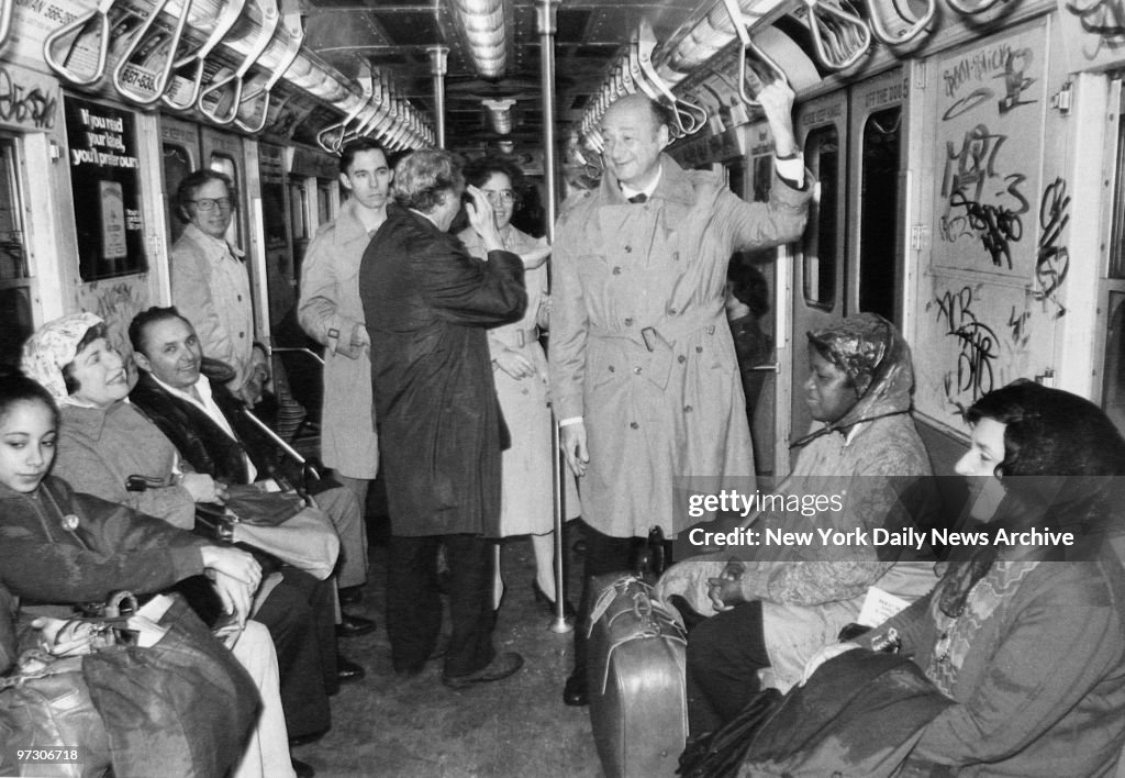 Mayor Ed Koch rides the subway.