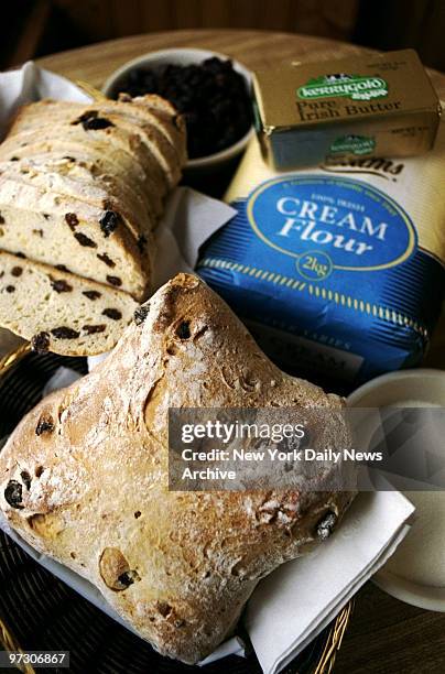 Some of the ingredients in Irish soda bread include raisins, butter, flour, sugar and buttermilk.