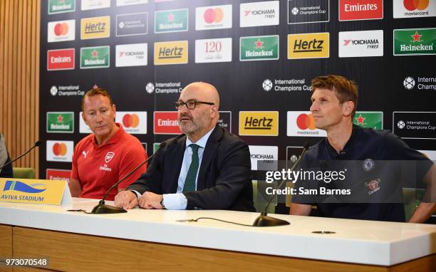 Dublin , Ireland - 13 June 2018; Former Arsenal player Ray Parlour, left, and former Chelsea player Tore André Flo, right, with Charlie Stillitano,...