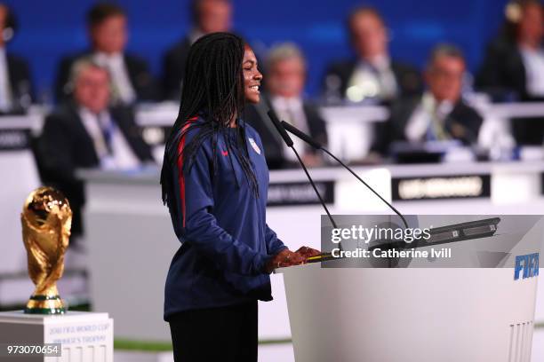 Brianna Pinto US U20 International speaks during the United 2026 presentation to become the host for the 2026 FIFA World Cup during the 68th FIFA...