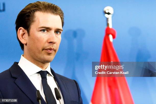 Austrian Chancellor Sebastian Kurz attends a press conference with German Interior Minister Horst Seehofer on June 13, 2018 in Berlin, Germany. Both...